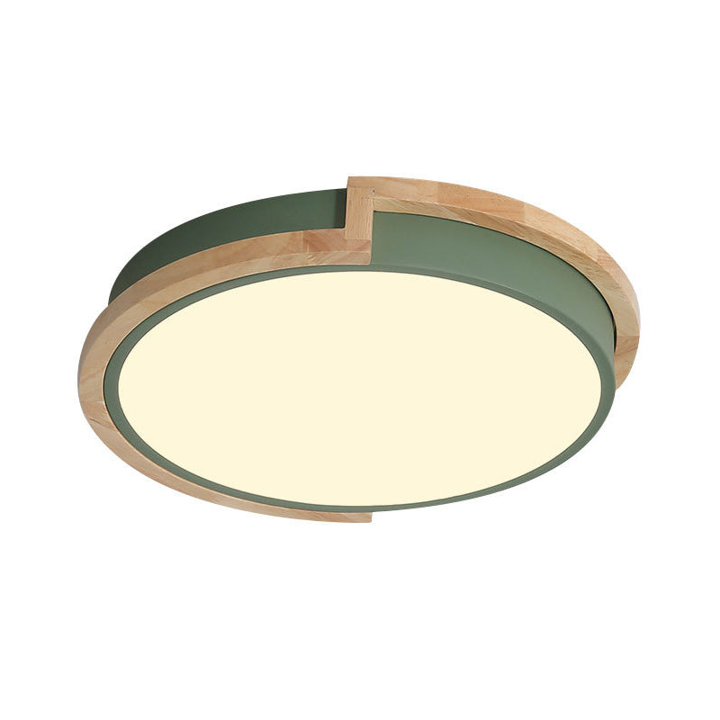 Grey/Blue/Pink Round Flush Mount Lamp Macaron Metal LED Ceiling Light Fixture with Wood Frame Green Clearhalo 'Ceiling Lights' 'Close To Ceiling Lights' 'Close to ceiling' 'Flush mount' Lighting' 1909743