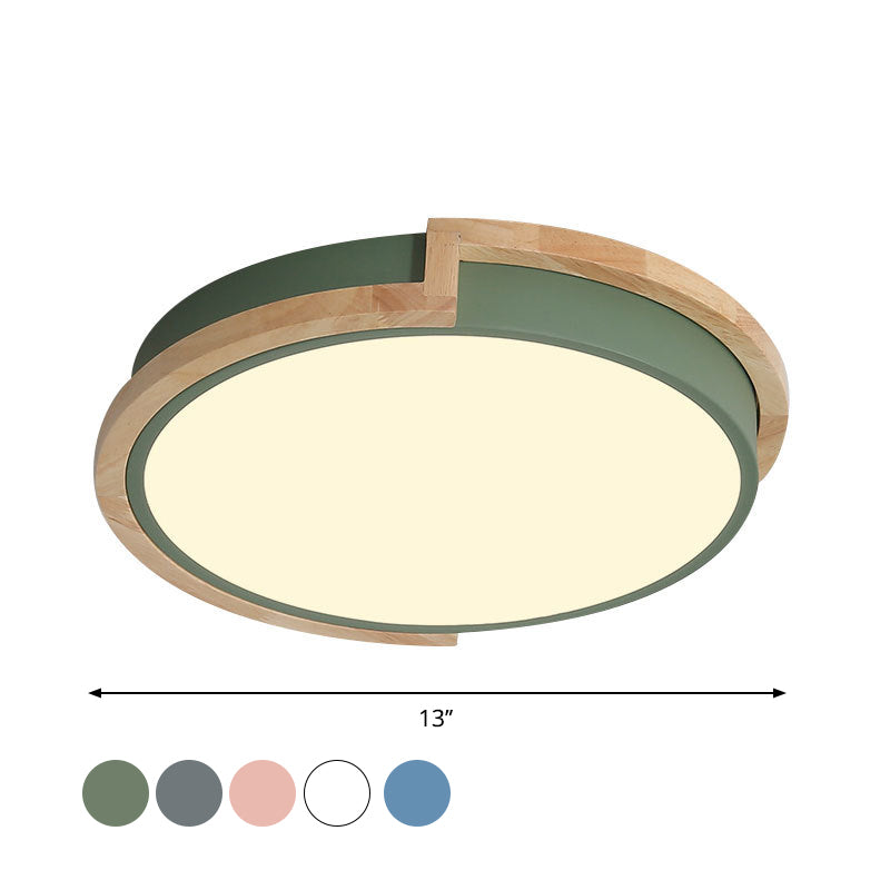 Grey/Blue/Pink Round Flush Mount Lamp Macaron Metal LED Ceiling Light Fixture with Wood Frame Clearhalo 'Ceiling Lights' 'Close To Ceiling Lights' 'Close to ceiling' 'Flush mount' Lighting' 1909744