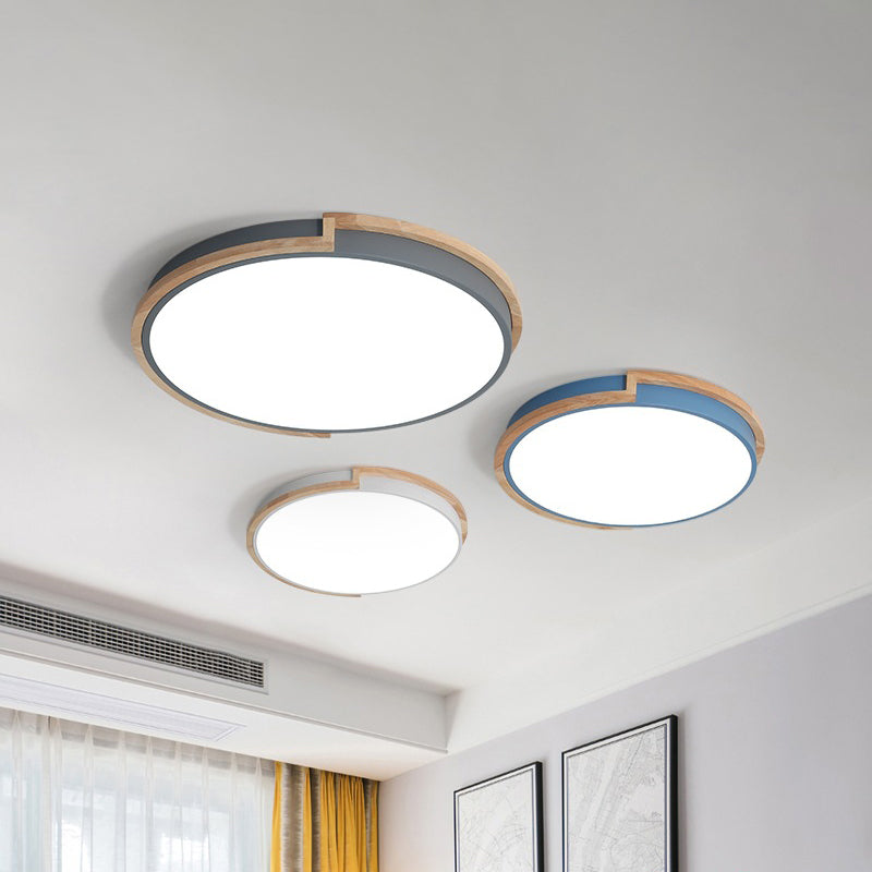 Grey/Blue/Pink Round Flush Mount Lamp Macaron Metal LED Ceiling Light Fixture with Wood Frame Grey Clearhalo 'Ceiling Lights' 'Close To Ceiling Lights' 'Close to ceiling' 'Flush mount' Lighting' 1909745