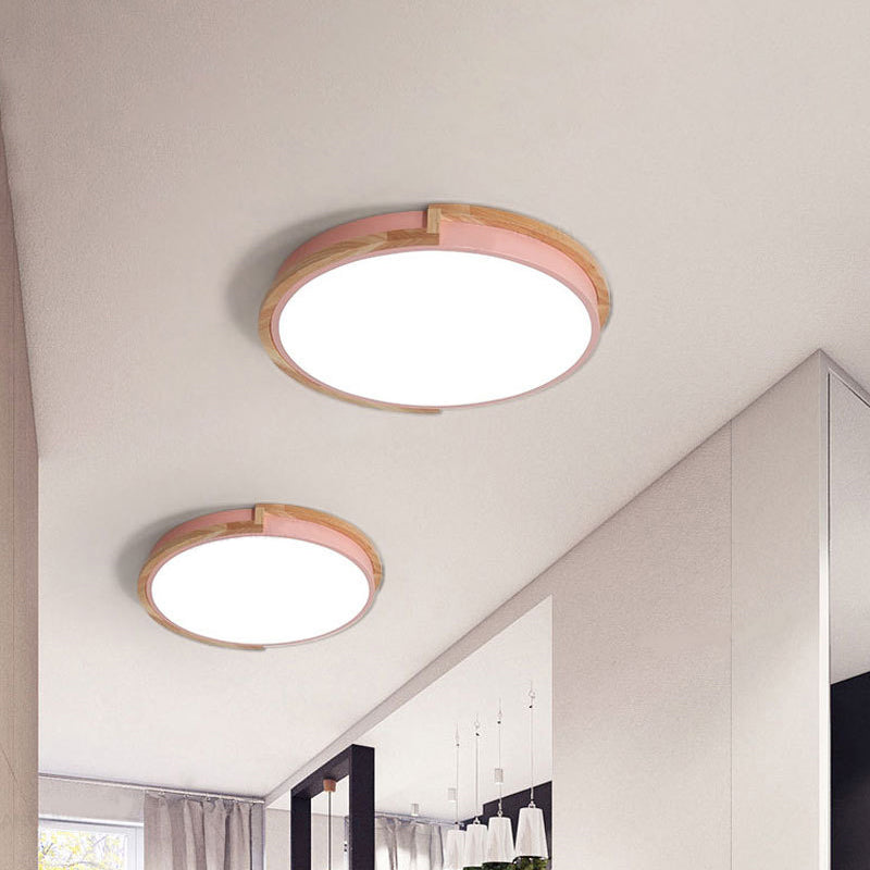 Grey/Blue/Pink Round Flush Mount Lamp Macaron Metal LED Ceiling Light Fixture with Wood Frame Pink Clearhalo 'Ceiling Lights' 'Close To Ceiling Lights' 'Close to ceiling' 'Flush mount' Lighting' 1909748