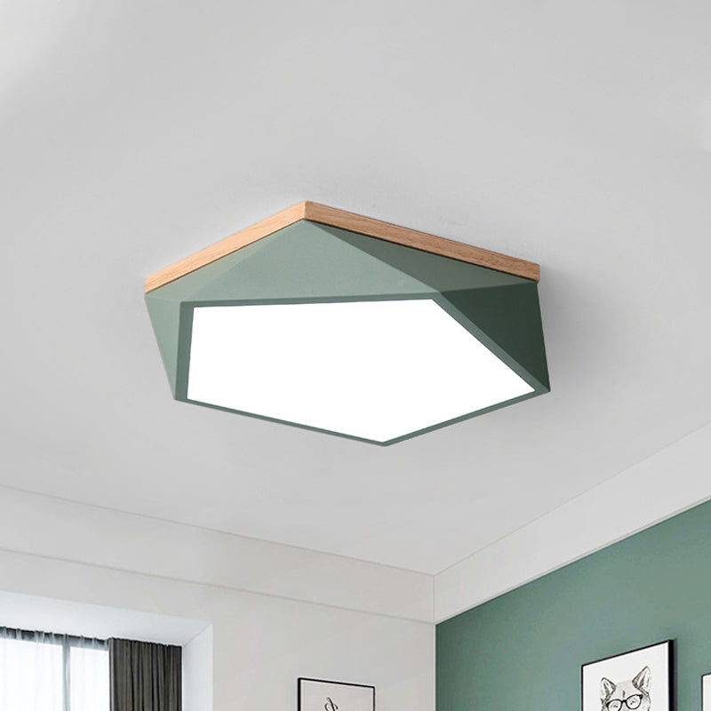 Macaron Faceted Ceiling Mount Lamp Metallic 16"/19.5" W LED Bedroom Flush Light in White/Grey/Green with Wood Canopy Green Clearhalo 'Ceiling Lights' 'Close To Ceiling Lights' 'Close to ceiling' 'Flush mount' Lighting' 1909752