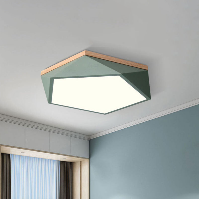 Macaron Faceted Ceiling Mount Lamp Metallic 16"/19.5" W LED Bedroom Flush Light in White/Grey/Green with Wood Canopy Clearhalo 'Ceiling Lights' 'Close To Ceiling Lights' 'Close to ceiling' 'Flush mount' Lighting' 1909753