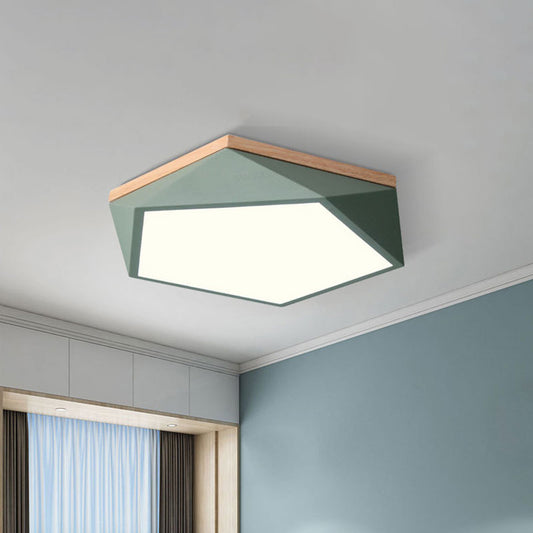 Macaron Faceted Ceiling Mount Lamp Metallic 16"/19.5" W LED Bedroom Flush Light in White/Grey/Green with Wood Canopy Clearhalo 'Ceiling Lights' 'Close To Ceiling Lights' 'Close to ceiling' 'Flush mount' Lighting' 1909753