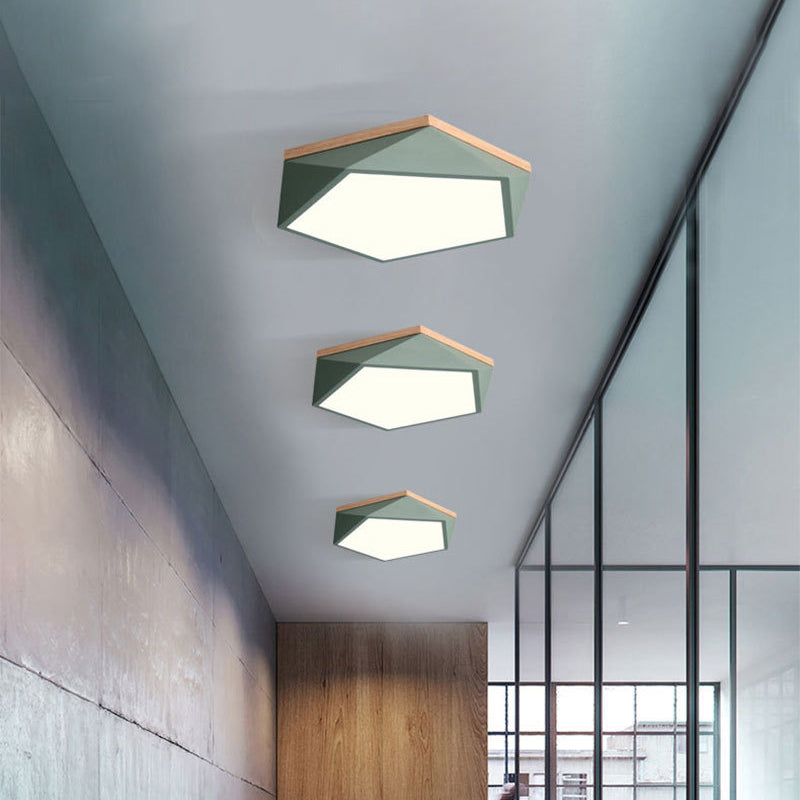 Macaron Faceted Ceiling Mount Lamp Metallic 16"/19.5" W LED Bedroom Flush Light in White/Grey/Green with Wood Canopy Clearhalo 'Ceiling Lights' 'Close To Ceiling Lights' 'Close to ceiling' 'Flush mount' Lighting' 1909754