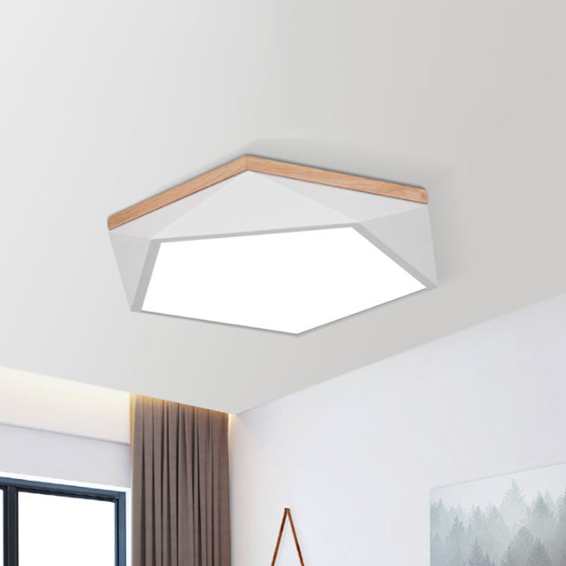 Macaron Faceted Ceiling Mount Lamp Metallic 16"/19.5" W LED Bedroom Flush Light in White/Grey/Green with Wood Canopy White Clearhalo 'Ceiling Lights' 'Close To Ceiling Lights' 'Close to ceiling' 'Flush mount' Lighting' 1909758