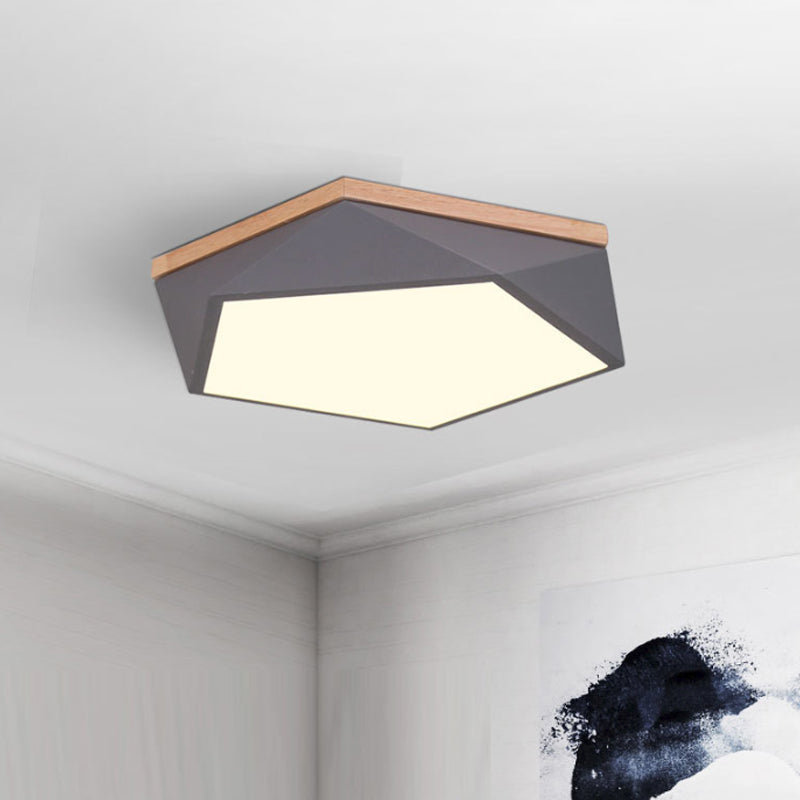 Macaron Faceted Ceiling Mount Lamp Metallic 16"/19.5" W LED Bedroom Flush Light in White/Grey/Green with Wood Canopy Grey Clearhalo 'Ceiling Lights' 'Close To Ceiling Lights' 'Close to ceiling' 'Flush mount' Lighting' 1909761