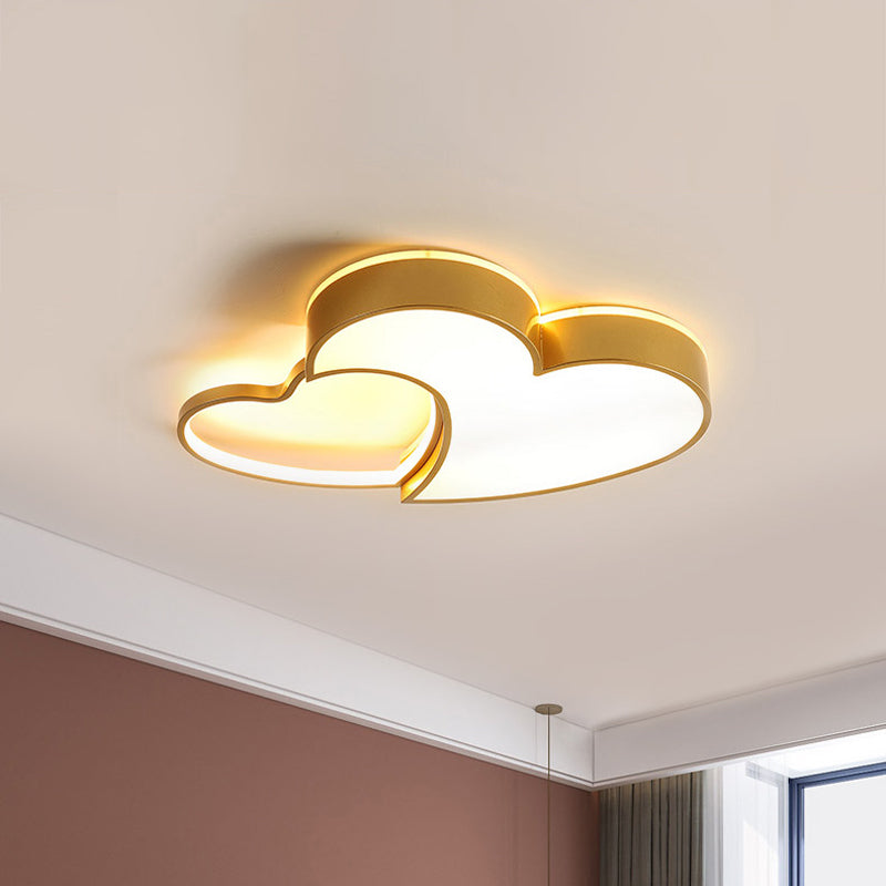 Double-Heart Kids Room Flush Light Acrylic Macaron Surface Mounted LED Ceiling Lamp in Pink/Blue/Gold, 21.5"/25.5" Wide Gold Clearhalo 'Ceiling Lights' 'Close To Ceiling Lights' 'Close to ceiling' 'Flush mount' Lighting' 1909784