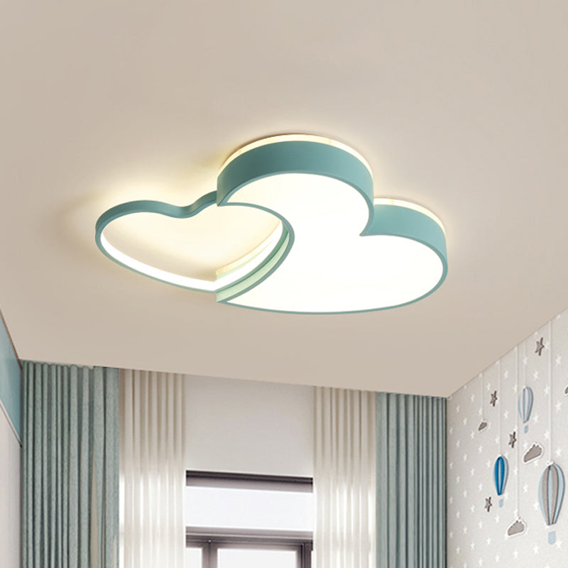 Double-Heart Kids Room Flush Light Acrylic Macaron Surface Mounted LED Ceiling Lamp in Pink/Blue/Gold, 21.5"/25.5" Wide Blue Clearhalo 'Ceiling Lights' 'Close To Ceiling Lights' 'Close to ceiling' 'Flush mount' Lighting' 1909794