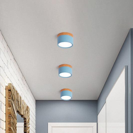 Cylinder Small Flush Ceiling Light Macaron Metal Kitchen Bar Flush Mount Lighting in Yellow/Blue/Black and Wood Blue Clearhalo 'Ceiling Lights' 'Close To Ceiling Lights' 'Close to ceiling' 'Flush mount' Lighting' 1909821