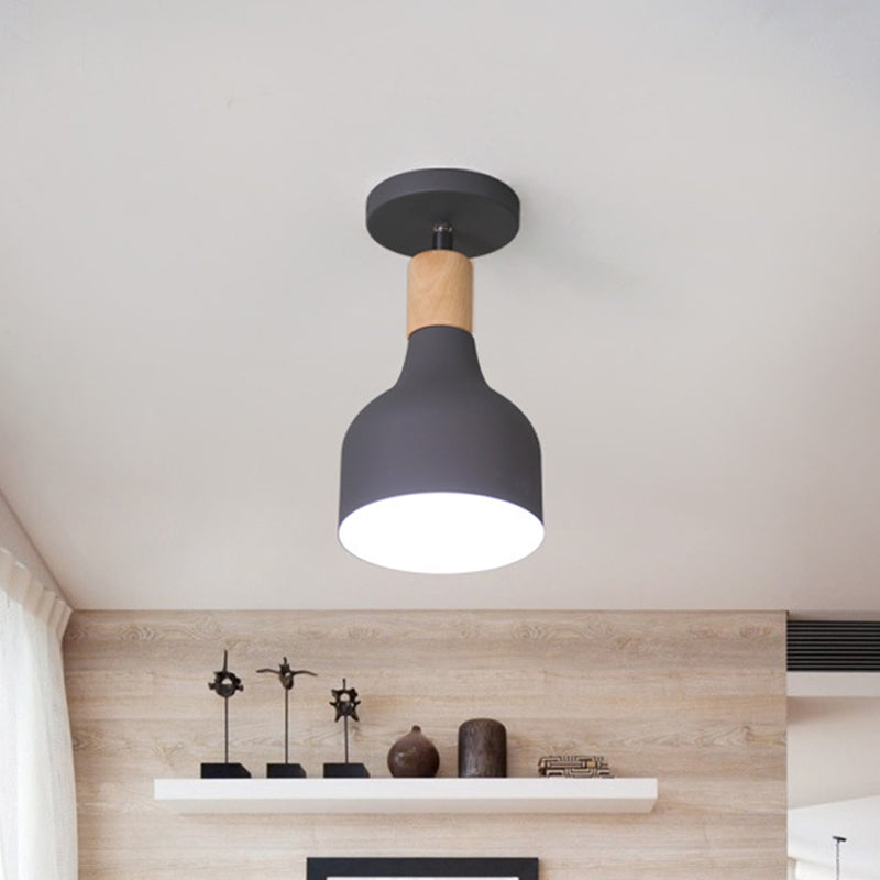 Bowl/Conical/Cylindrical Ceiling Lamp Nordic Metal 1-Light White/Dark Grey/Green and Wood Semi Flush Mount Lighting with Pivot Joint Dark Gray Clearhalo 'Ceiling Lights' 'Close To Ceiling Lights' 'Close to ceiling' 'Semi-flushmount' Lighting' 1909831
