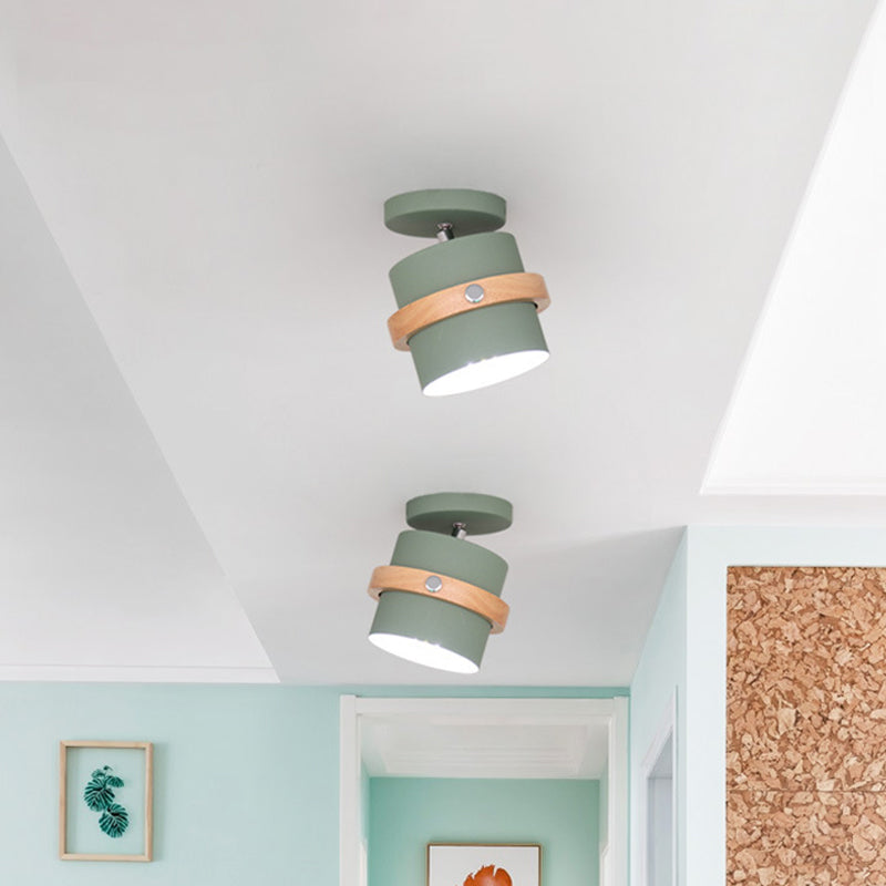 Bowl/Conical/Cylindrical Ceiling Lamp Nordic Metal 1-Light White/Dark Grey/Green and Wood Semi Flush Mount Lighting with Pivot Joint Green Clearhalo 'Ceiling Lights' 'Close To Ceiling Lights' 'Close to ceiling' 'Semi-flushmount' Lighting' 1909834