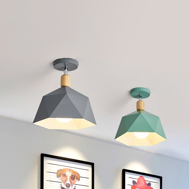 Polygon Corridor Semi Flush Light Metallic 1 Bulb Macaron Rotating Ceiling Mount Lamp in Green/Grey/White with Wood Accent Clearhalo 'Ceiling Lights' 'Close To Ceiling Lights' 'Close to ceiling' 'Semi-flushmount' Lighting' 1909837