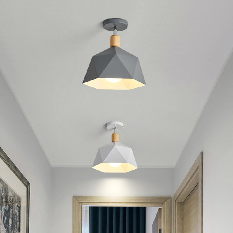 Polygon Corridor Semi Flush Light Metallic 1 Bulb Macaron Rotating Ceiling Mount Lamp in Green/Grey/White with Wood Accent Clearhalo 'Ceiling Lights' 'Close To Ceiling Lights' 'Close to ceiling' 'Semi-flushmount' Lighting' 1909838