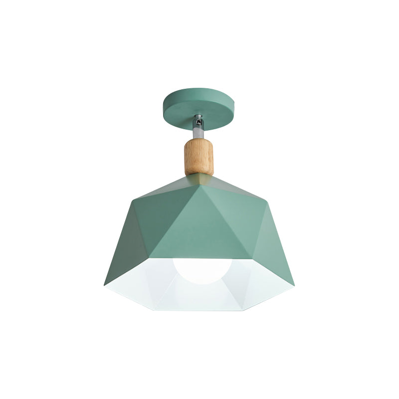 Polygon Corridor Semi Flush Light Metallic 1 Bulb Macaron Rotating Ceiling Mount Lamp in Green/Grey/White with Wood Accent Clearhalo 'Ceiling Lights' 'Close To Ceiling Lights' 'Close to ceiling' 'Semi-flushmount' Lighting' 1909840