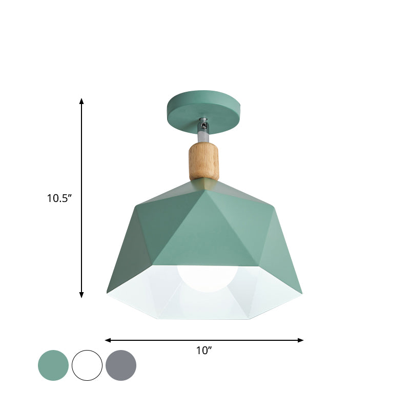 Polygon Corridor Semi Flush Light Metallic 1 Bulb Macaron Rotating Ceiling Mount Lamp in Green/Grey/White with Wood Accent Clearhalo 'Ceiling Lights' 'Close To Ceiling Lights' 'Close to ceiling' 'Semi-flushmount' Lighting' 1909841