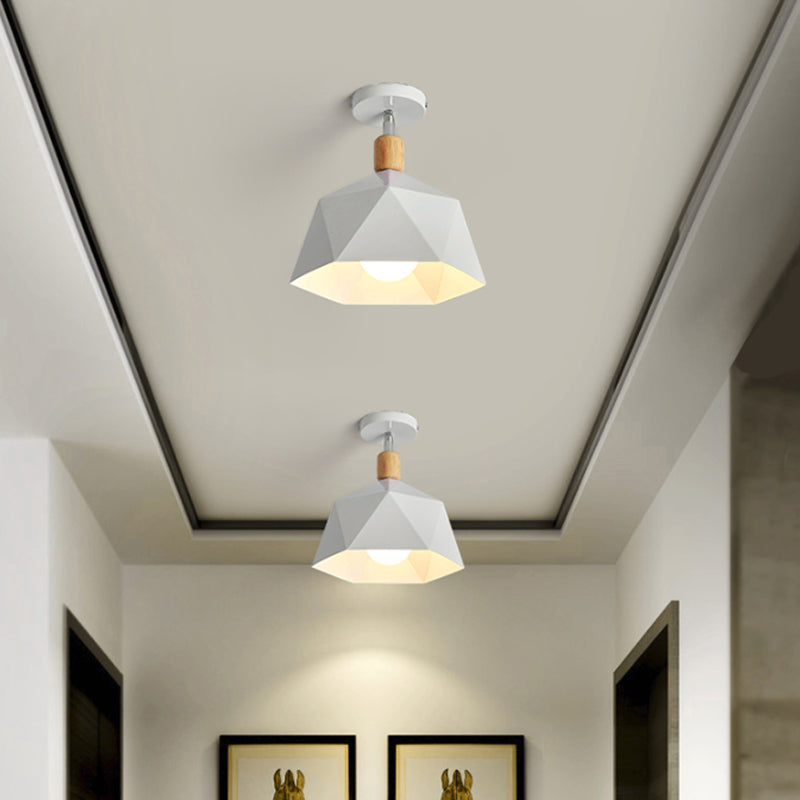 Polygon Corridor Semi Flush Light Metallic 1 Bulb Macaron Rotating Ceiling Mount Lamp in Green/Grey/White with Wood Accent Clearhalo 'Ceiling Lights' 'Close To Ceiling Lights' 'Close to ceiling' 'Semi-flushmount' Lighting' 1909843