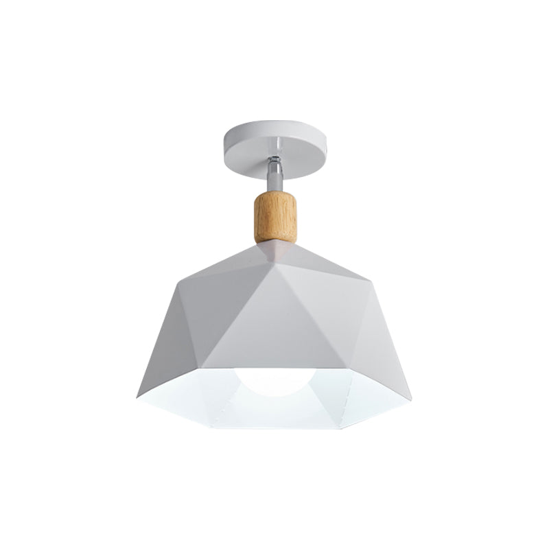 Polygon Corridor Semi Flush Light Metallic 1 Bulb Macaron Rotating Ceiling Mount Lamp in Green/Grey/White with Wood Accent Clearhalo 'Ceiling Lights' 'Close To Ceiling Lights' 'Close to ceiling' 'Semi-flushmount' Lighting' 1909844