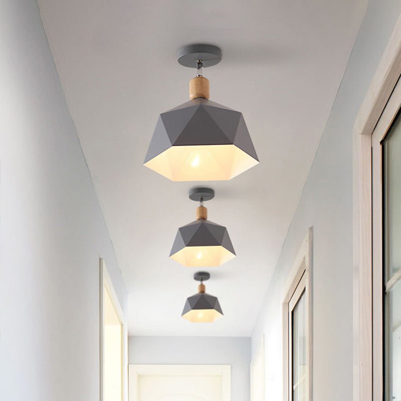 Polygon Corridor Semi Flush Light Metallic 1 Bulb Macaron Rotating Ceiling Mount Lamp in Green/Grey/White with Wood Accent Clearhalo 'Ceiling Lights' 'Close To Ceiling Lights' 'Close to ceiling' 'Semi-flushmount' Lighting' 1909846