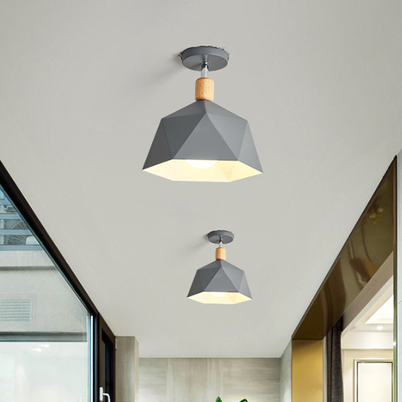 Polygon Corridor Semi Flush Light Metallic 1 Bulb Macaron Rotating Ceiling Mount Lamp in Green/Grey/White with Wood Accent Clearhalo 'Ceiling Lights' 'Close To Ceiling Lights' 'Close to ceiling' 'Semi-flushmount' Lighting' 1909847