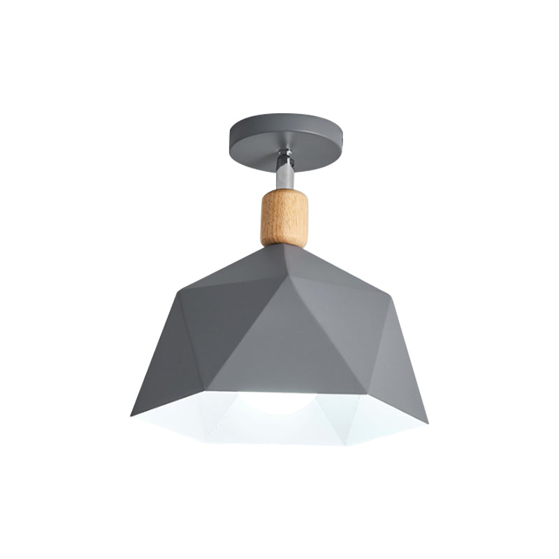 Polygon Corridor Semi Flush Light Metallic 1 Bulb Macaron Rotating Ceiling Mount Lamp in Green/Grey/White with Wood Accent Clearhalo 'Ceiling Lights' 'Close To Ceiling Lights' 'Close to ceiling' 'Semi-flushmount' Lighting' 1909848
