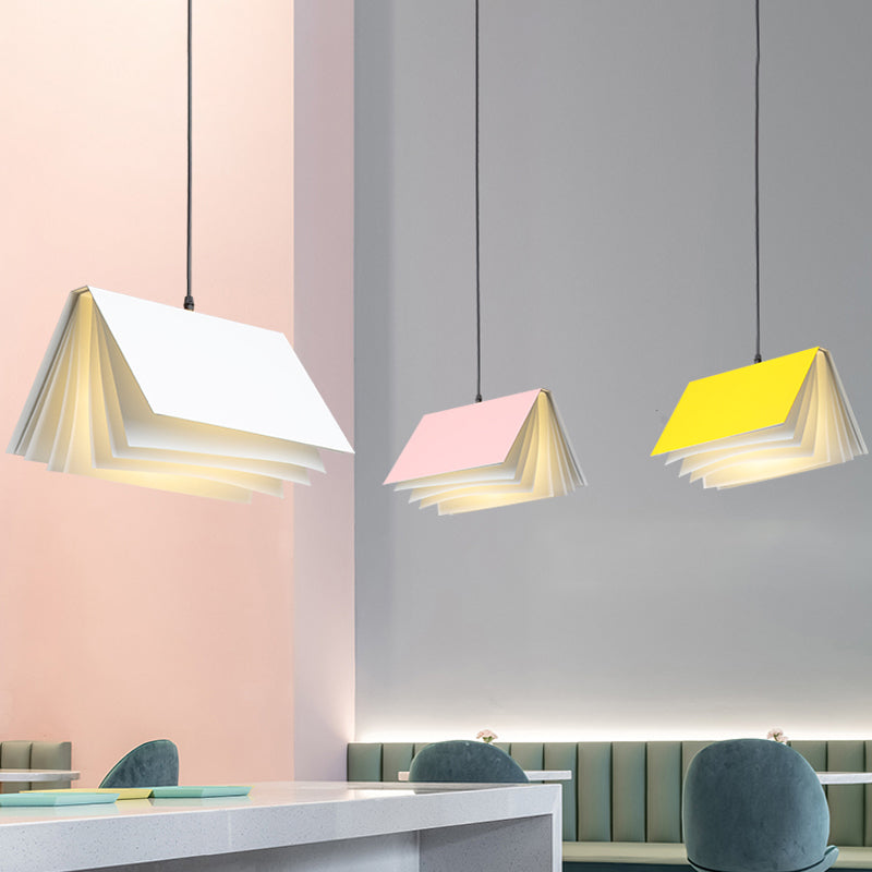 Book Shaped Cafe Pendant Lamp Metal Single-Bulb Macaron Ceiling Hang Light in Blue/Pink/Black White Clearhalo 'Ceiling Lights' 'Pendant Lights' 'Pendants' Lighting' 1909935_ed213d3f-5543-4ad2-80d0-055b877e26bf