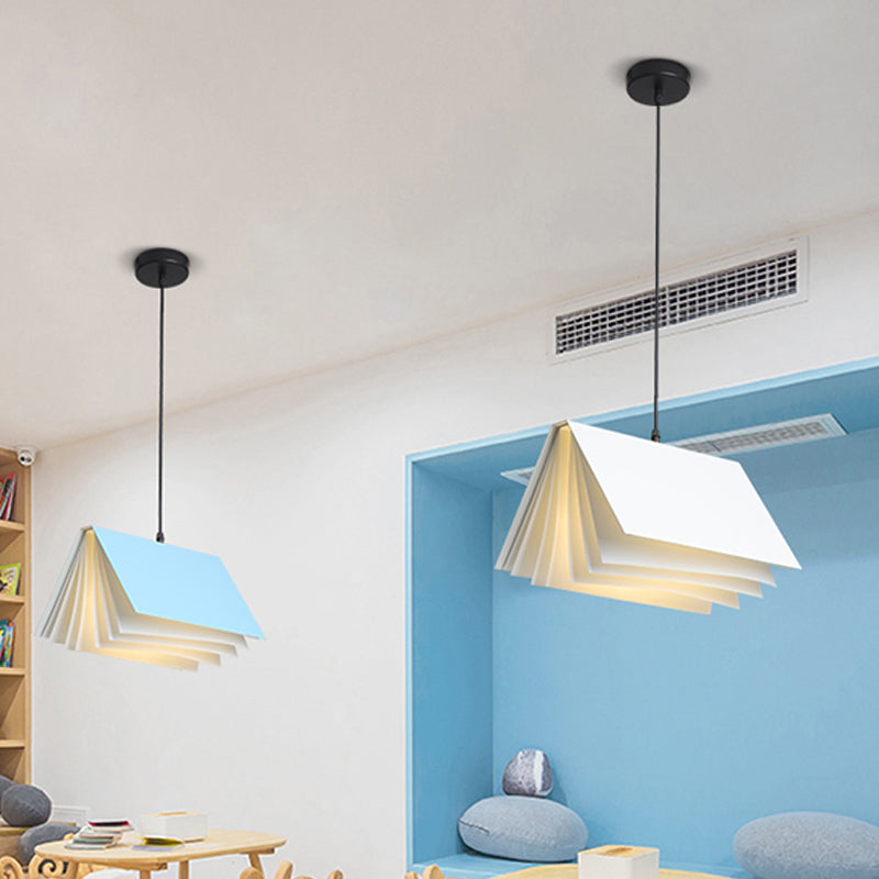 Book Shaped Cafe Pendant Lamp Metal Single-Bulb Macaron Ceiling Hang Light in Blue/Pink/Black Clearhalo 'Ceiling Lights' 'Pendant Lights' 'Pendants' Lighting' 1909939