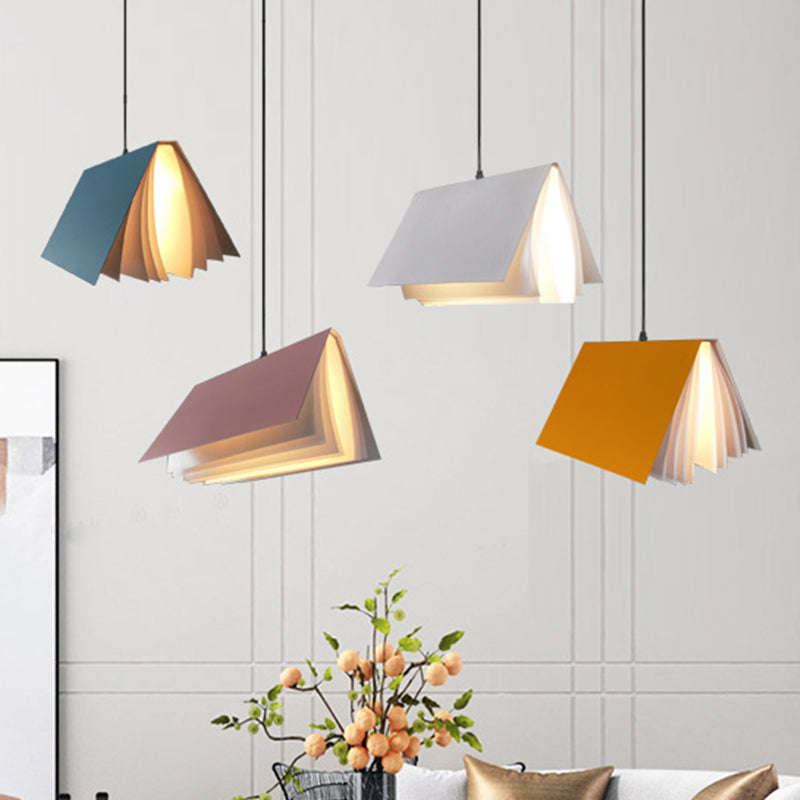 Book Shaped Cafe Pendant Lamp Metal Single-Bulb Macaron Ceiling Hang Light in Blue/Pink/Black Pink Clearhalo 'Ceiling Lights' 'Pendant Lights' 'Pendants' Lighting' 1909943_10ffbf55-4e4b-4c46-a1b3-b816646978fe