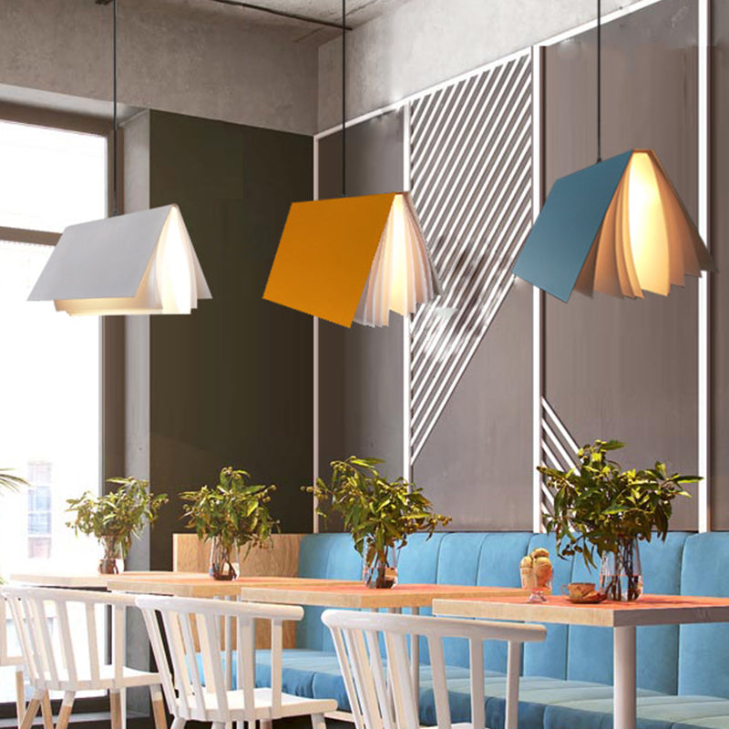 Book Shaped Cafe Pendant Lamp Metal Single-Bulb Macaron Ceiling Hang Light in Blue/Pink/Black Clearhalo 'Ceiling Lights' 'Pendant Lights' 'Pendants' Lighting' 1909944