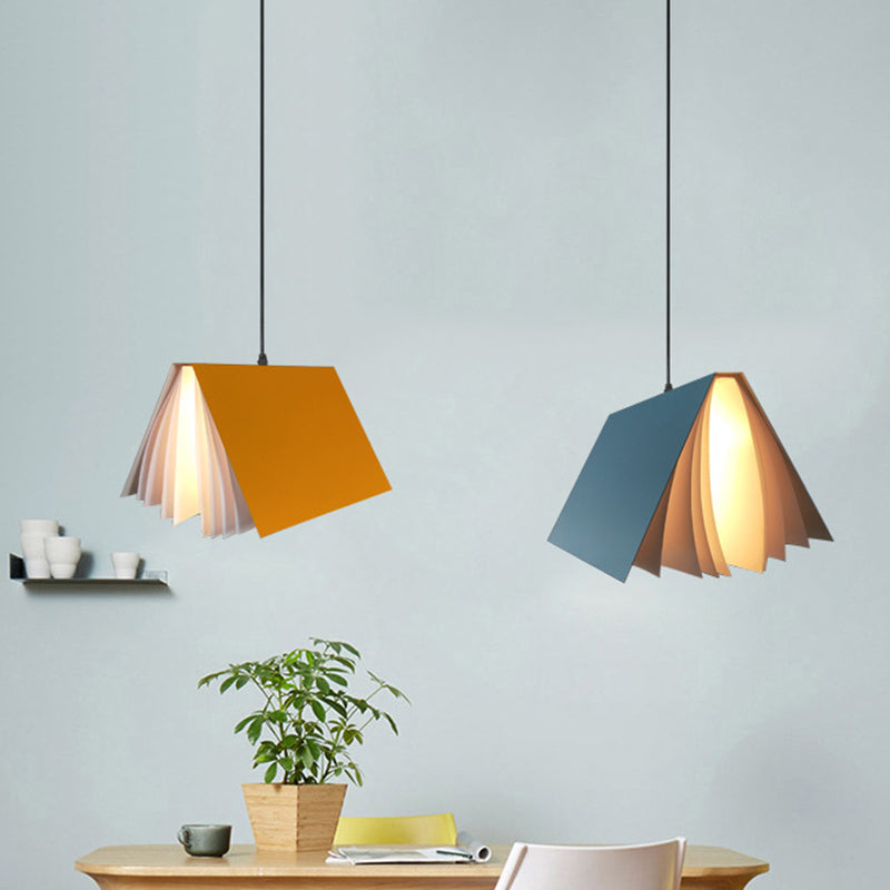 Book Shaped Cafe Pendant Lamp Metal Single-Bulb Macaron Ceiling Hang Light in Blue/Pink/Black Yellow Clearhalo 'Ceiling Lights' 'Pendant Lights' 'Pendants' Lighting' 1909946_32778b06-f907-43d4-bcc1-eb33ed29501a