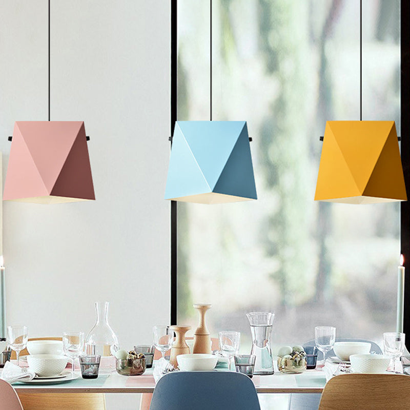 Geometric Shade Down Lighting Pendant Macaron Iron 1 Bulb Dining Room Ceiling Light in Pink/Black/Blue Pink Clearhalo 'Ceiling Lights' 'Pendant Lights' 'Pendants' Lighting' 1909954_61b7ff67-9d1d-49c1-ac9c-51cb9c5502f3