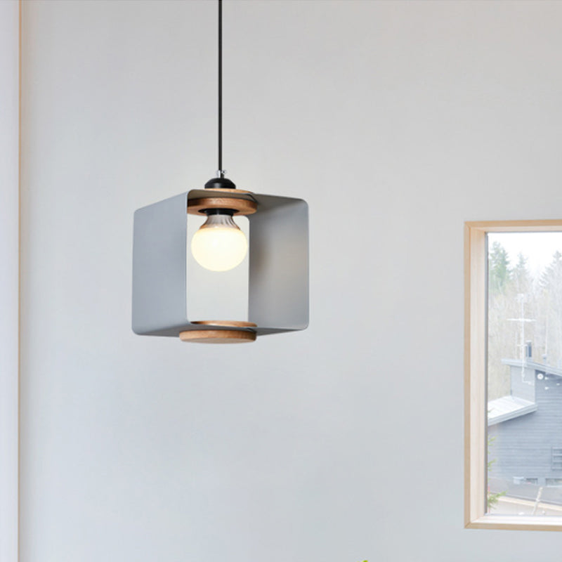 1-Light Bedroom Pendulum Light Macaron Yellow/Blue/White and Wood Hanging Pendant with Square Iron Frame Grey Clearhalo 'Ceiling Lights' 'Pendant Lights' 'Pendants' Lighting' 1909972_cdf620f3-7a60-4498-b46f-f0ae94679666