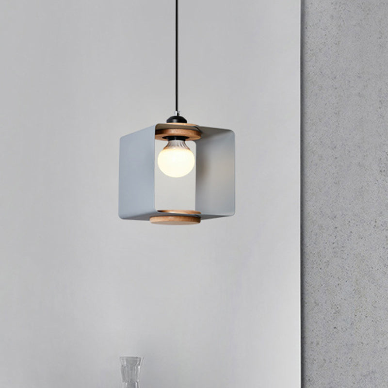 1-Light Bedroom Pendulum Light Macaron Yellow/Blue/White and Wood Hanging Pendant with Square Iron Frame Clearhalo 'Ceiling Lights' 'Pendant Lights' 'Pendants' Lighting' 1909973