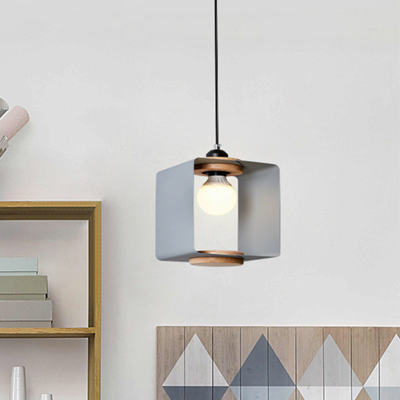 1-Light Bedroom Pendulum Light Macaron Yellow/Blue/White and Wood Hanging Pendant with Square Iron Frame Clearhalo 'Ceiling Lights' 'Pendant Lights' 'Pendants' Lighting' 1909974