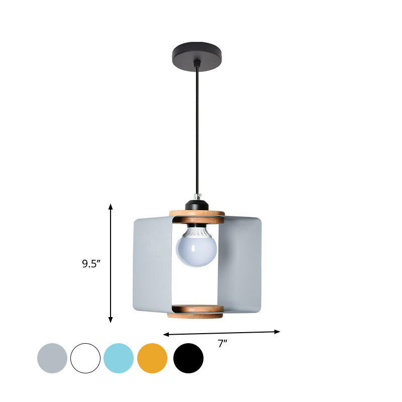 1-Light Bedroom Pendulum Light Macaron Yellow/Blue/White and Wood Hanging Pendant with Square Iron Frame Clearhalo 'Ceiling Lights' 'Pendant Lights' 'Pendants' Lighting' 1909976