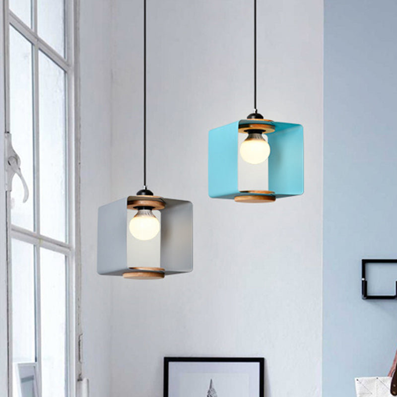 1-Light Bedroom Pendulum Light Macaron Yellow/Blue/White and Wood Hanging Pendant with Square Iron Frame Clearhalo 'Ceiling Lights' 'Pendant Lights' 'Pendants' Lighting' 1909980