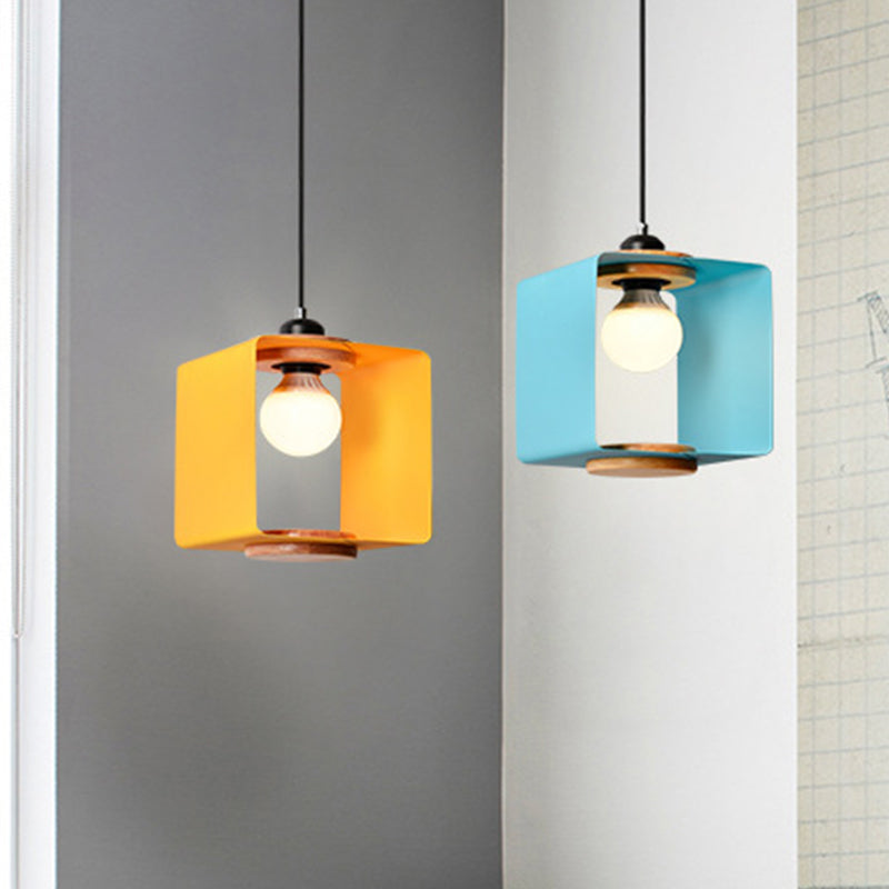 1-Light Bedroom Pendulum Light Macaron Yellow/Blue/White and Wood Hanging Pendant with Square Iron Frame Clearhalo 'Ceiling Lights' 'Pendant Lights' 'Pendants' Lighting' 1909983