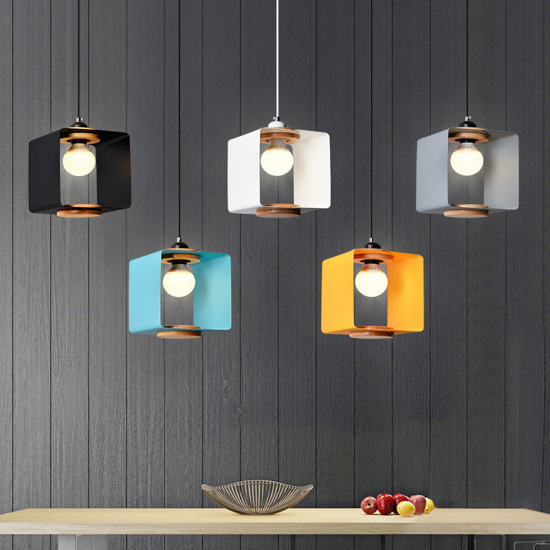 1-Light Bedroom Pendulum Light Macaron Yellow/Blue/White and Wood Hanging Pendant with Square Iron Frame Clearhalo 'Ceiling Lights' 'Pendant Lights' 'Pendants' Lighting' 1909986