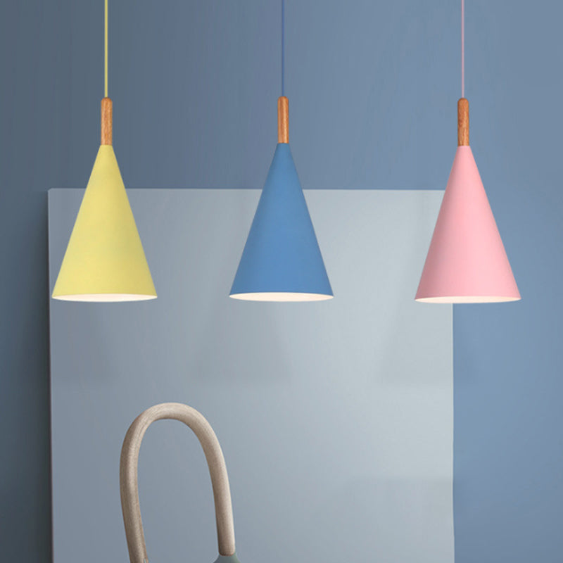 Conical Kindergarten Ceiling Pendant Iron 1-Light Macaron Hanging Light Fixture in Pink/Yellow/Grey with Wood Grip Clearhalo 'Ceiling Lights' 'Pendant Lights' 'Pendants' Lighting' 1910044