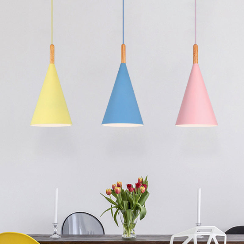 Conical Kindergarten Ceiling Pendant Iron 1-Light Macaron Hanging Light Fixture in Pink/Yellow/Grey with Wood Grip Clearhalo 'Ceiling Lights' 'Pendant Lights' 'Pendants' Lighting' 1910045