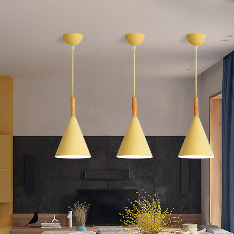 Conical Kindergarten Ceiling Pendant Iron 1-Light Macaron Hanging Light Fixture in Pink/Yellow/Grey with Wood Grip Clearhalo 'Ceiling Lights' 'Pendant Lights' 'Pendants' Lighting' 1910046