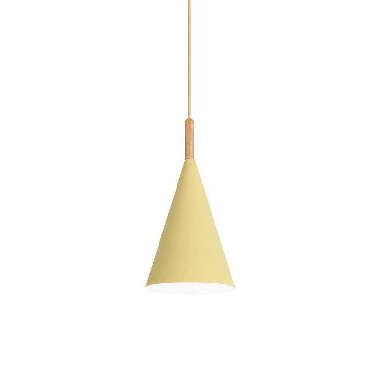 Conical Kindergarten Ceiling Pendant Iron 1-Light Macaron Hanging Light Fixture in Pink/Yellow/Grey with Wood Grip Clearhalo 'Ceiling Lights' 'Pendant Lights' 'Pendants' Lighting' 1910047