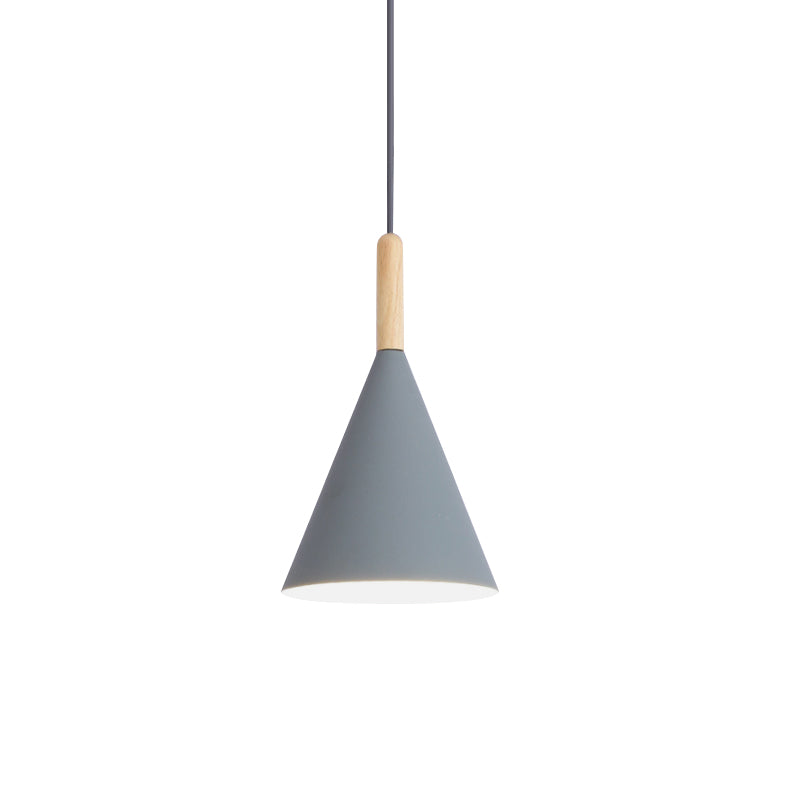 Conical Kindergarten Ceiling Pendant Iron 1-Light Macaron Hanging Light Fixture in Pink/Yellow/Grey with Wood Grip Clearhalo 'Ceiling Lights' 'Pendant Lights' 'Pendants' Lighting' 1910050