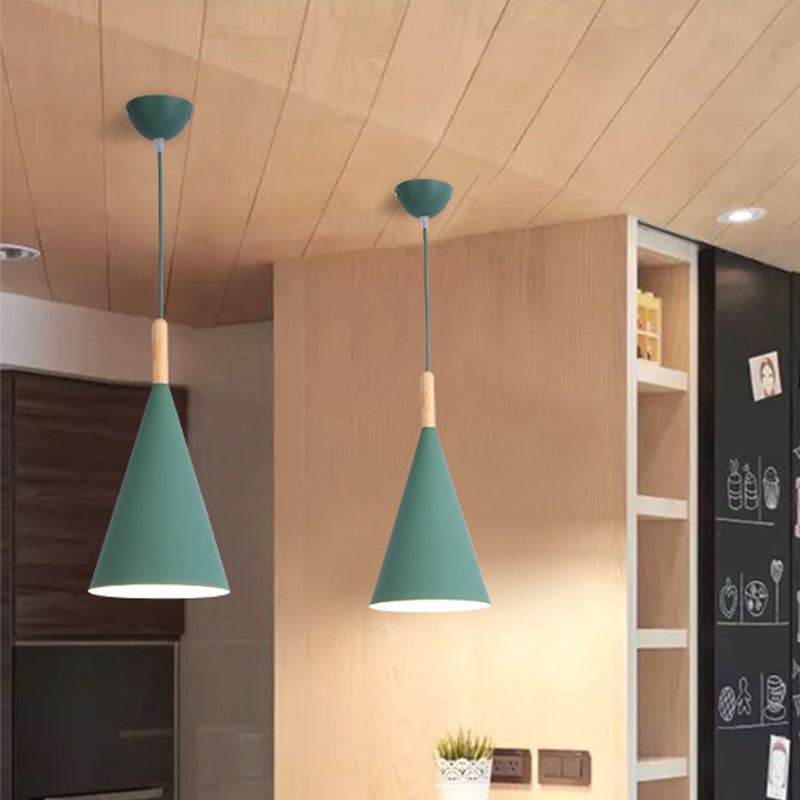 Conical Kindergarten Ceiling Pendant Iron 1-Light Macaron Hanging Light Fixture in Pink/Yellow/Grey with Wood Grip Green Clearhalo 'Ceiling Lights' 'Pendant Lights' 'Pendants' Lighting' 1910051_a036ad04-08c7-434d-b4de-950934a8da17