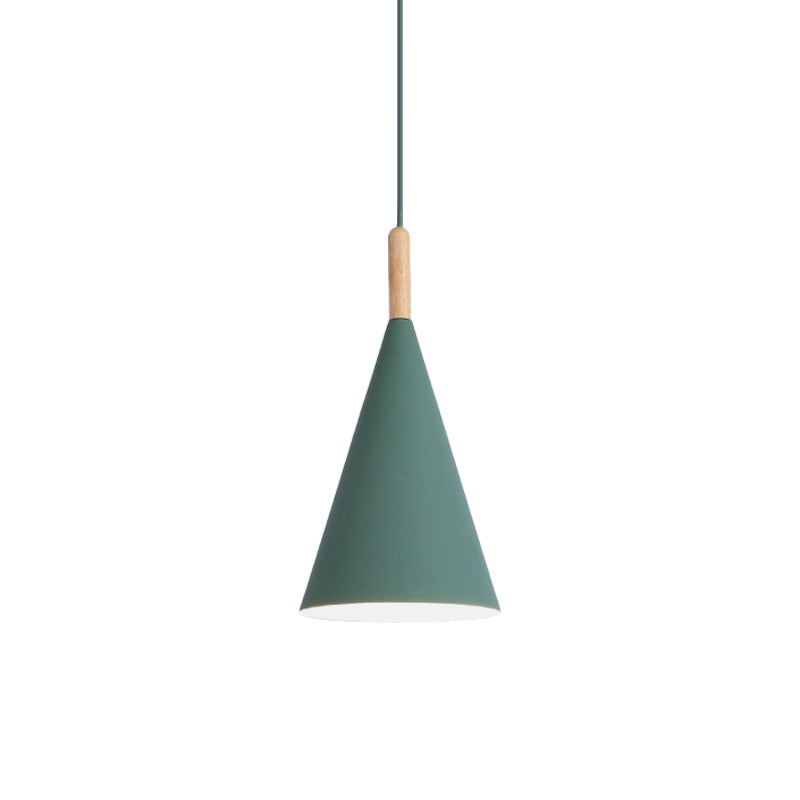 Conical Kindergarten Ceiling Pendant Iron 1-Light Macaron Hanging Light Fixture in Pink/Yellow/Grey with Wood Grip Clearhalo 'Ceiling Lights' 'Pendant Lights' 'Pendants' Lighting' 1910052