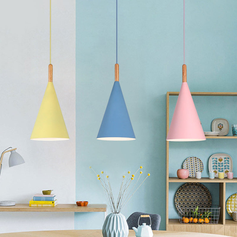 Conical Kindergarten Ceiling Pendant Iron 1-Light Macaron Hanging Light Fixture in Pink/Yellow/Grey with Wood Grip Blue Clearhalo 'Ceiling Lights' 'Pendant Lights' 'Pendants' Lighting' 1910053_8f2420ac-6c9b-4a92-8099-0805537d5de8