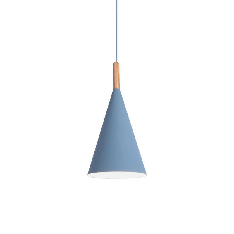 Conical Kindergarten Ceiling Pendant Iron 1-Light Macaron Hanging Light Fixture in Pink/Yellow/Grey with Wood Grip Clearhalo 'Ceiling Lights' 'Pendant Lights' 'Pendants' Lighting' 1910055