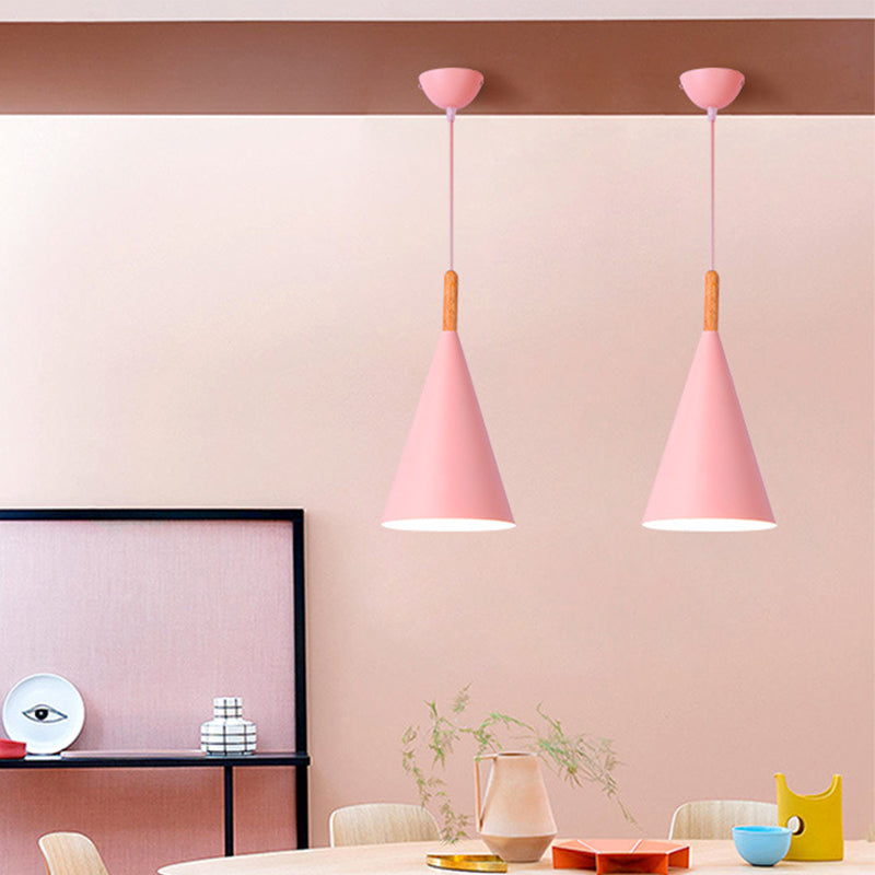 Conical Kindergarten Ceiling Pendant Iron 1-Light Macaron Hanging Light Fixture in Pink/Yellow/Grey with Wood Grip Clearhalo 'Ceiling Lights' 'Pendant Lights' 'Pendants' Lighting' 1910056