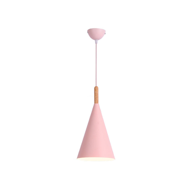 Conical Kindergarten Ceiling Pendant Iron 1-Light Macaron Hanging Light Fixture in Pink/Yellow/Grey with Wood Grip Clearhalo 'Ceiling Lights' 'Pendant Lights' 'Pendants' Lighting' 1910057