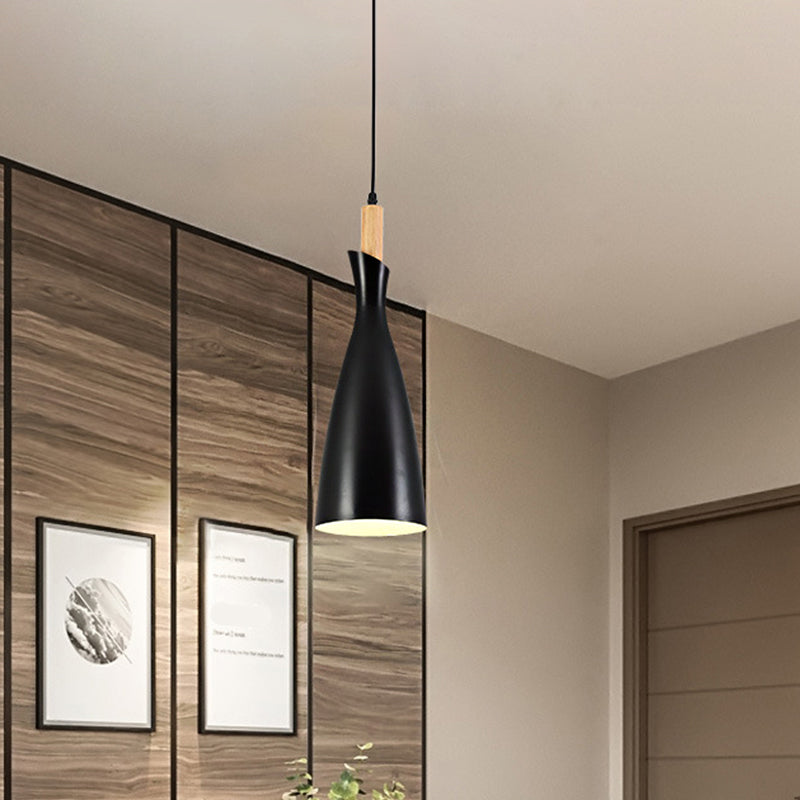 Grey/White/Black Tapered Shade Pendant Nordic Iron LED Ceiling Hang Light in Warm/White Light with Wood Decor Clearhalo 'Ceiling Lights' 'Pendant Lights' 'Pendants' Lighting' 1910058