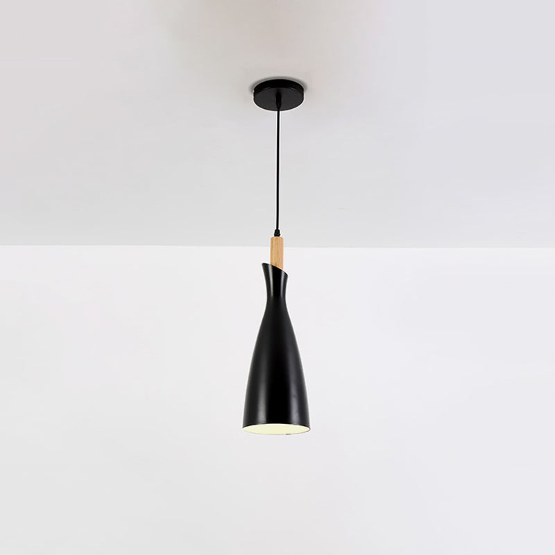 Grey/White/Black Tapered Shade Pendant Nordic Iron LED Ceiling Hang Light in Warm/White Light with Wood Decor Clearhalo 'Ceiling Lights' 'Pendant Lights' 'Pendants' Lighting' 1910059